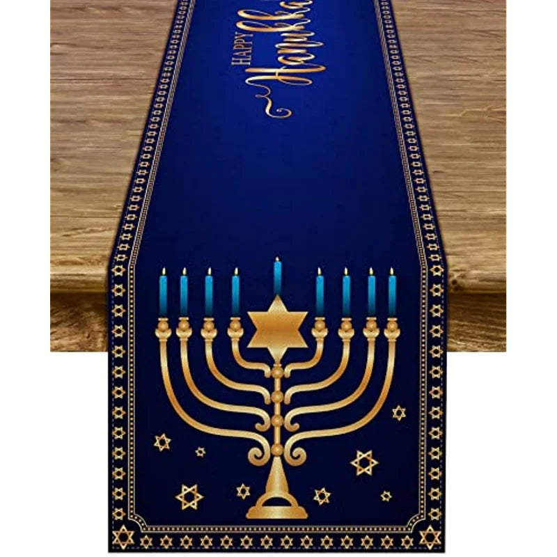 Hanukkah Menorah Linen Table Runner – Star of David Holiday Décor