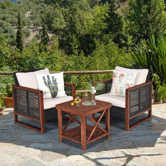 3-Piece Outdoor Patio Furniture Set with Wicker Chairs & Coffee Table