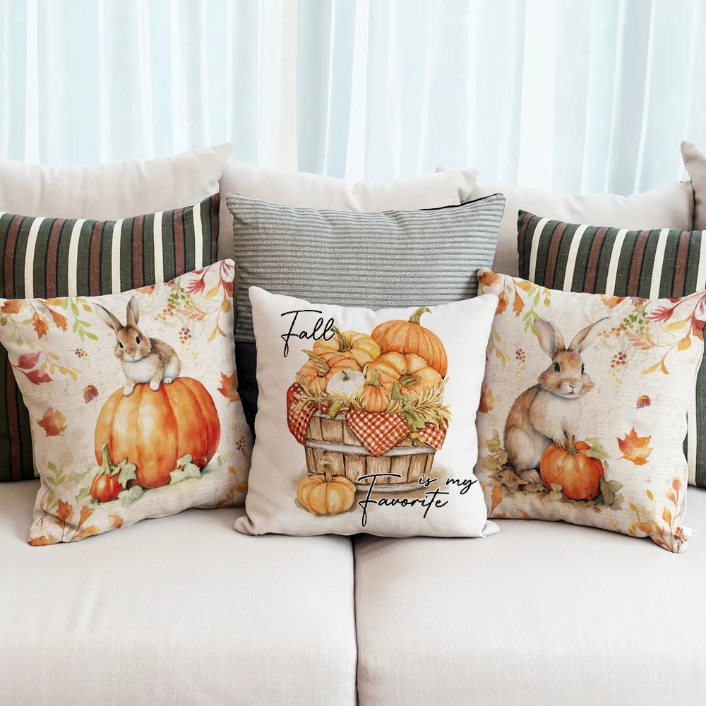 Happy Fall Pumpkin Bunny Pillow Cover – Autumn Thanksgiving Decor