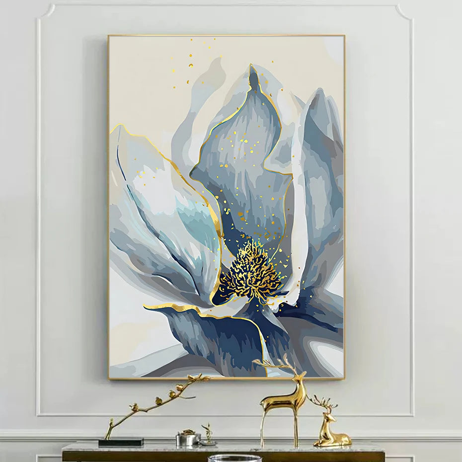 Modern Big Floral Blue Flowers Posters Luxury Abstract Canvas Painting Wall Art Print Pictures Living Room Interior Decor