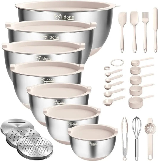 27-Piece Stainless Steel Mixing Bowls Set with Airtight Lids and Grater Attachments