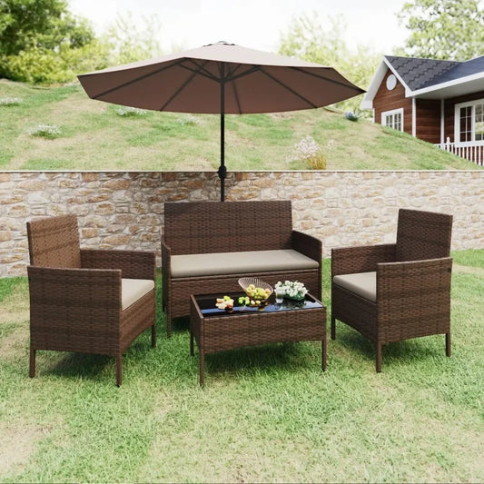 Outdoor Sofa Set of 4 with Soft Cushions & Glass Table, Rattan Patio Furniture