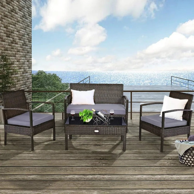 Mocha 4-Piece Patio Rattan Furniture Set with Cushions & Coffee Table