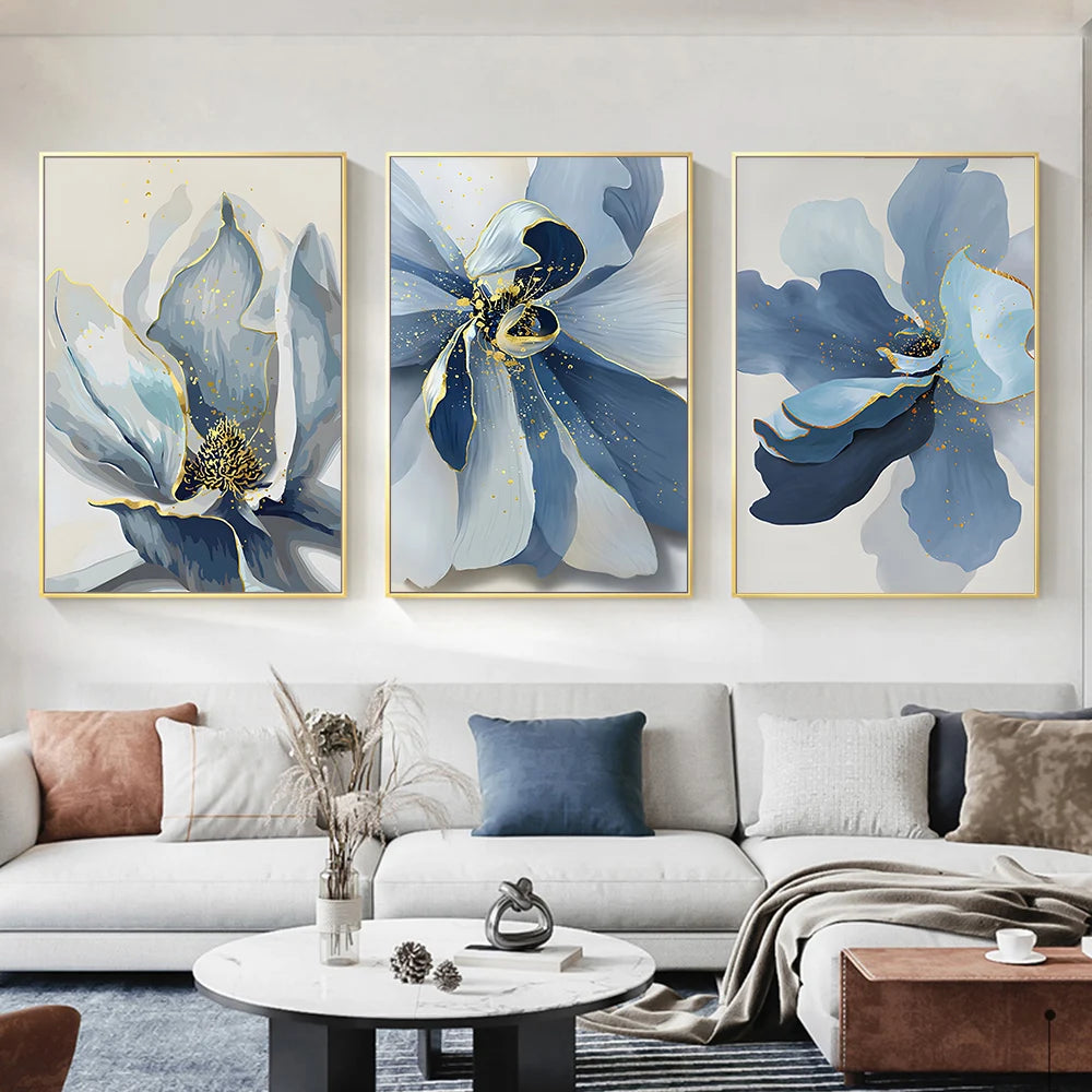 Modern Big Floral Blue Flowers Posters Luxury Abstract Canvas Painting Wall Art Print Pictures Living Room Interior Decor