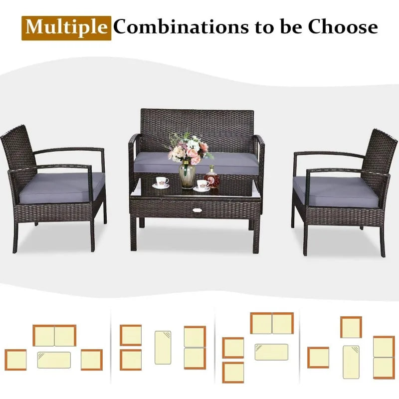 Mocha 4-Piece Patio Rattan Furniture Set with Cushions & Coffee Table