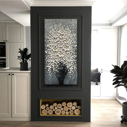 Hand-Painted 3D Abstract Plant Leaves & White Flower Canvas Wall Art