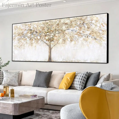 Large Gold Tree Canvas Painting - Autumn Landscape Wall Art