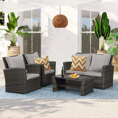 4-Piece All-Weather Wicker Patio Furniture Set with Cushions and Coffee Table