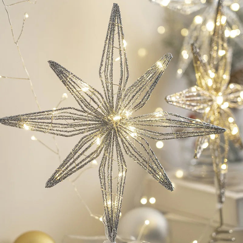 Christmas Tree Toppers Glitter Gold Star Tree Topper Lighted with Warm White LED Lights for Holiday Decoration Party Indoor Deco