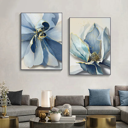 Modern Big Floral Blue Flowers Posters Luxury Abstract Canvas Painting Wall Art Print Pictures Living Room Interior Decor