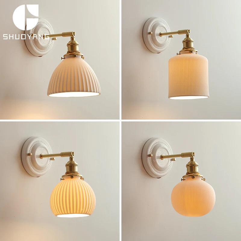 Modern LED Wall Sconce – Ceramic Shade with Copper Arm & Pull Chain