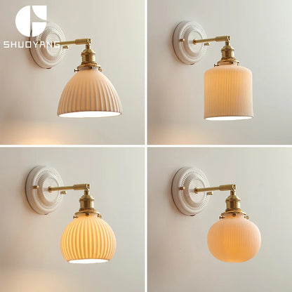 Modern LED Wall Sconce – Ceramic Shade with Copper Arm & Pull Chain