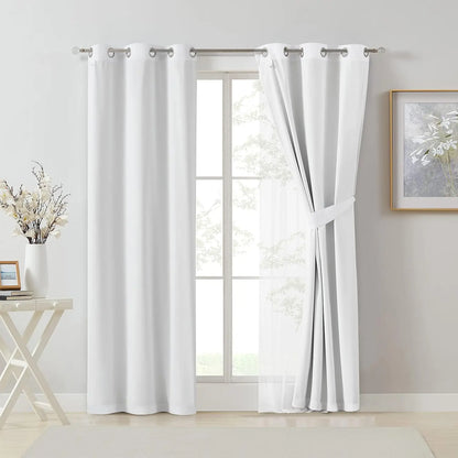 White Double Layer Blackout Curtains with Sheer Overlay – 2 Panel Set