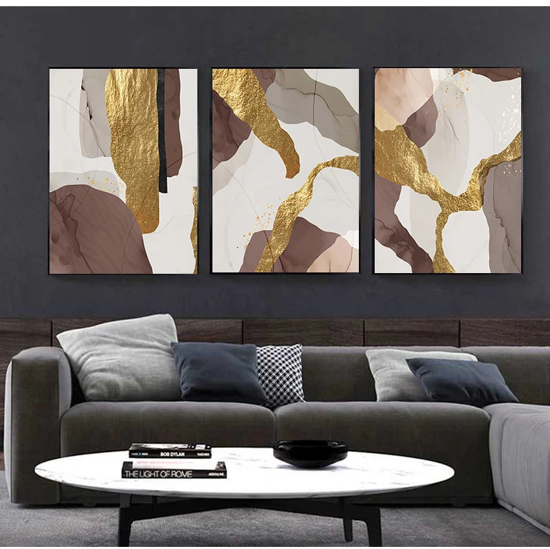 Luxe Abstract Marble Canvas Art – Brown & Gold Foil Modern Wall Decor