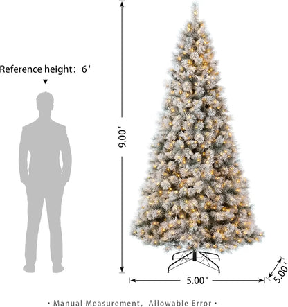 9ft Pre-Lit Snow Flocked Christmas Tree – 900 Magical Warm White Lights