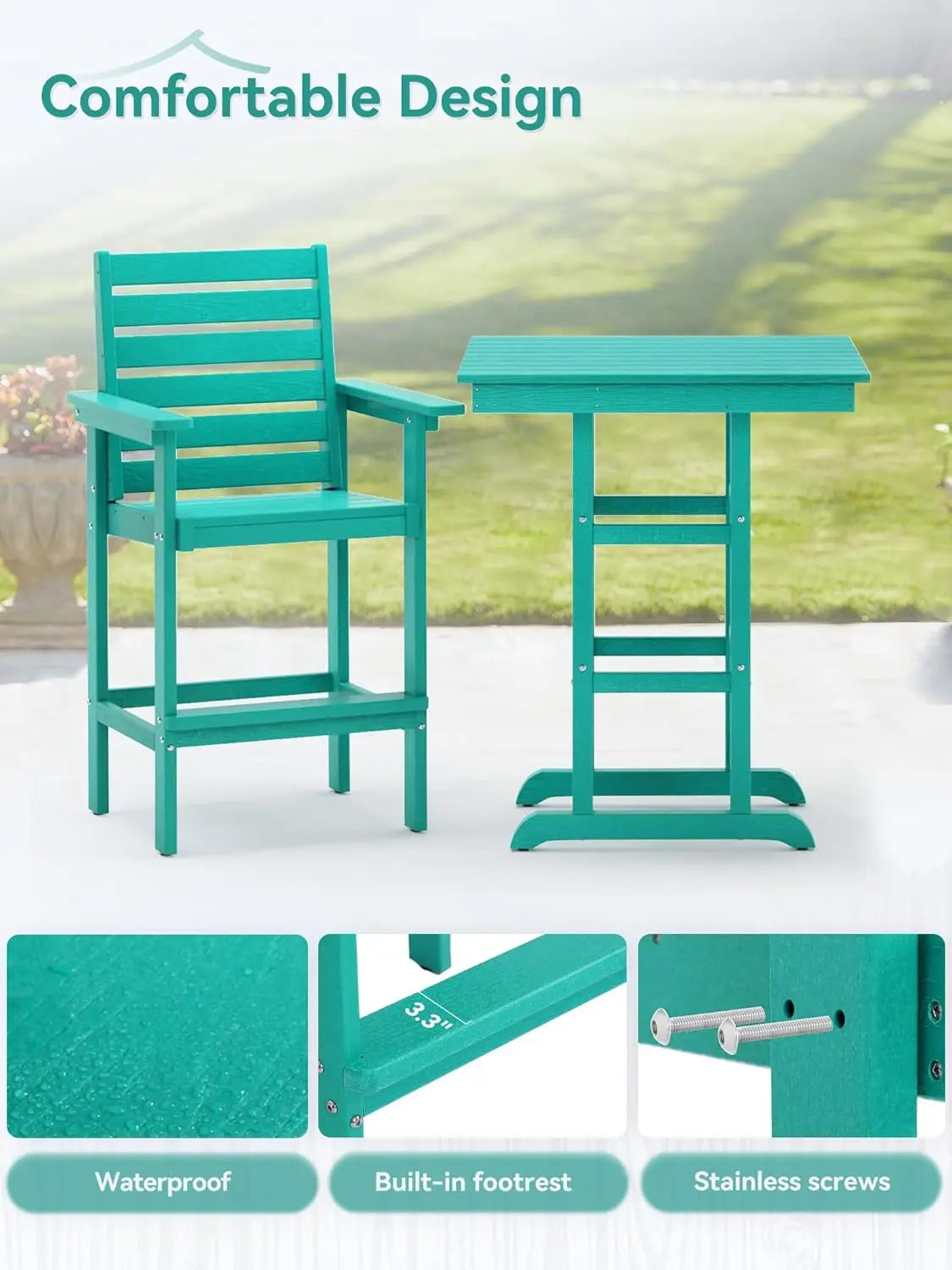 3-Piece HDPE Weather-Resistant Bar Height Patio Set with Pub Table & Chairs