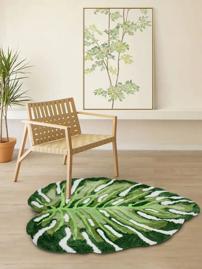 Irregular Monstera Tufted Rug - Tropical Leaf Plush Area Mat