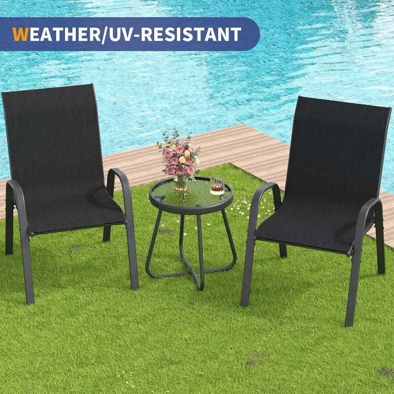 3-Piece Outdoor Patio Dining Set – Stackable Chairs with Side Table, All-Weather, Black