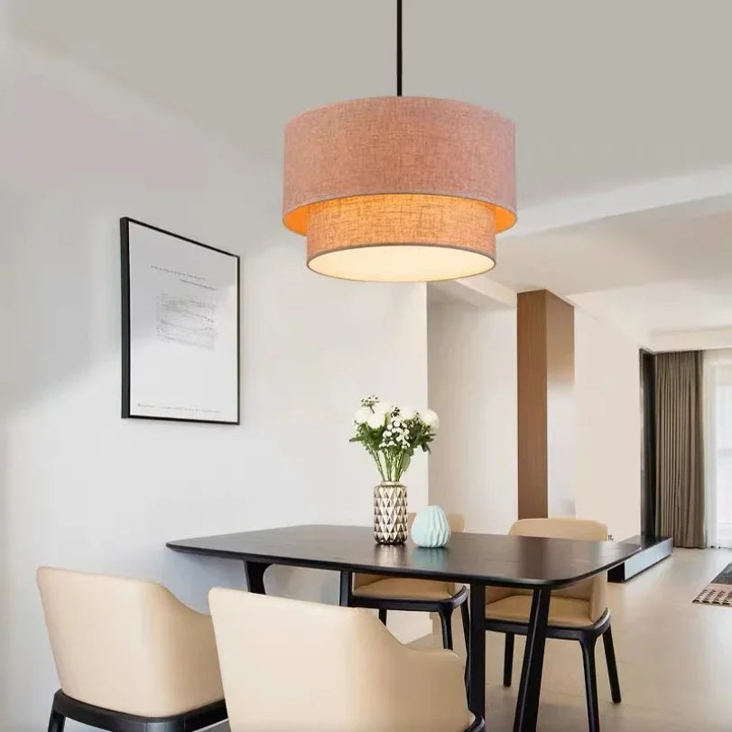 Linen Fabric Pendant Light | Black & Beige Hanging Lamp for Modern Home Decor