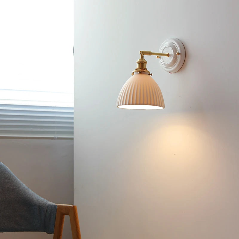 Modern LED Wall Sconce – Ceramic Shade with Copper Arm & Pull Chain