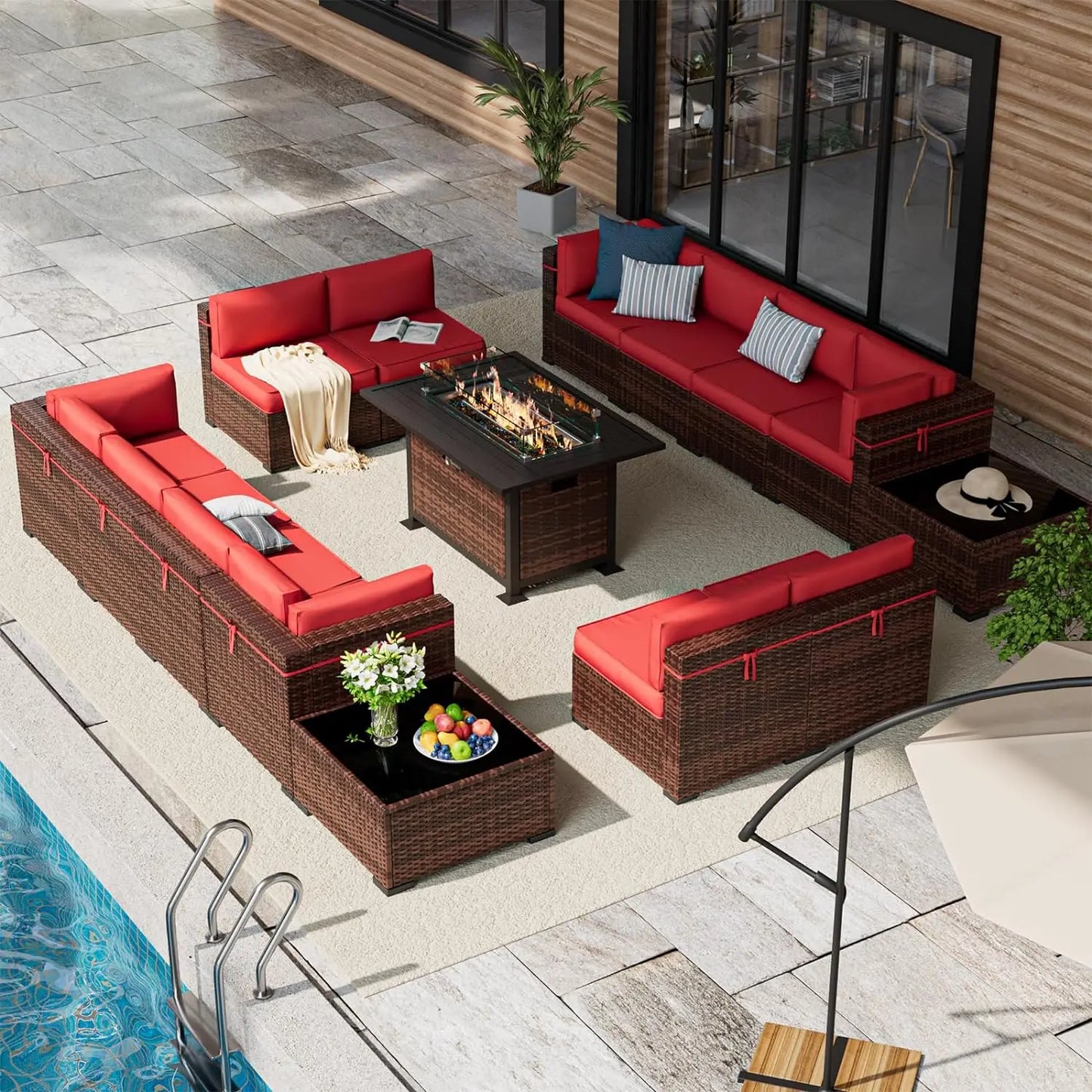 Outdoor Wicker Patio Furniture Set with Gas Fire Pit Table – PE Wicker Conversation Set