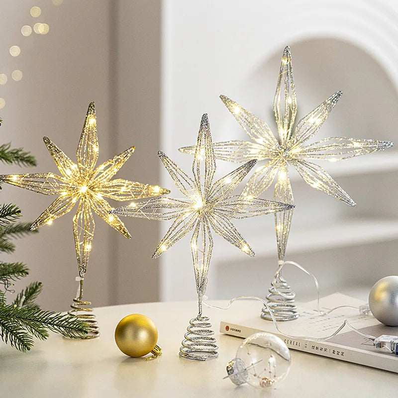 Christmas Tree Toppers Glitter Gold Star Tree Topper Lighted with Warm White LED Lights for Holiday Decoration Party Indoor Deco