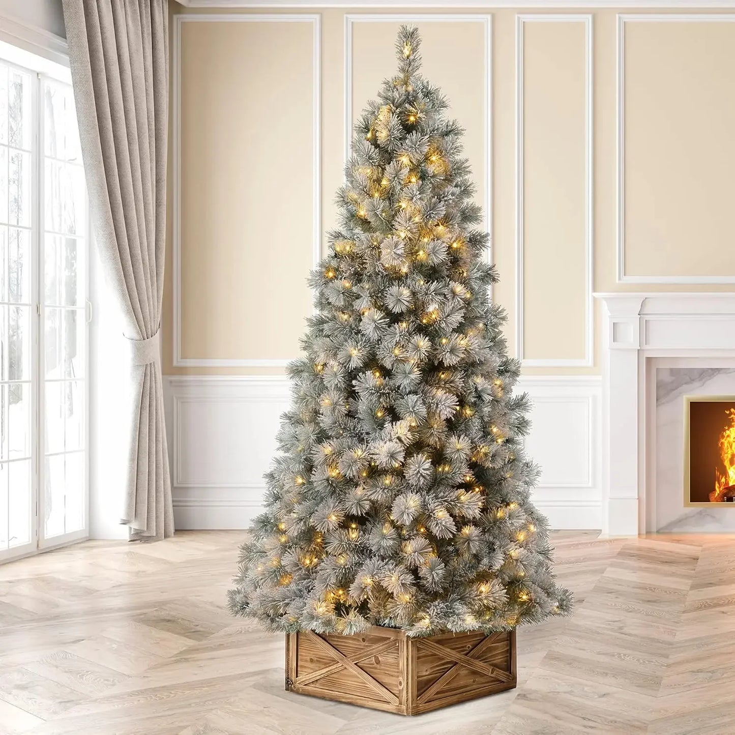 9ft Pre-Lit Snow Flocked Christmas Tree – 900 Magical Warm White Lights