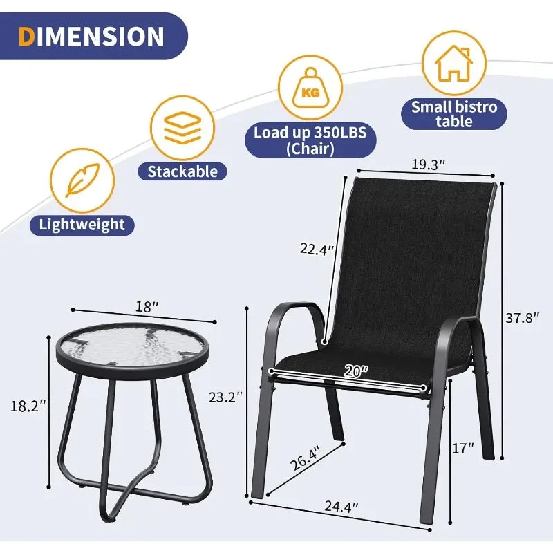 3-Piece Outdoor Patio Dining Set – Stackable Chairs with Side Table, All-Weather, Black