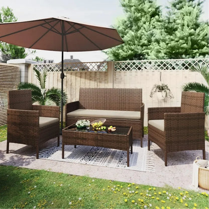 Outdoor Sofa Set of 4 with Soft Cushions & Glass Table, Rattan Patio Furniture