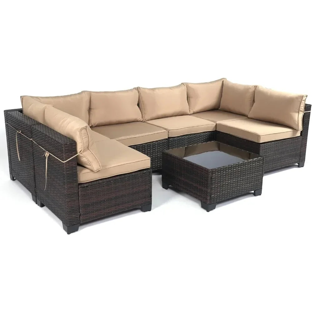 7 Pieces Outdoor Patio Furniture Set – Rattan Sectional Sofa with Tea Table