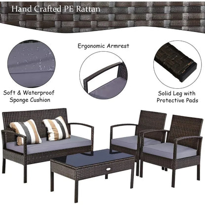 Mocha 4-Piece Patio Rattan Furniture Set with Cushions & Coffee Table