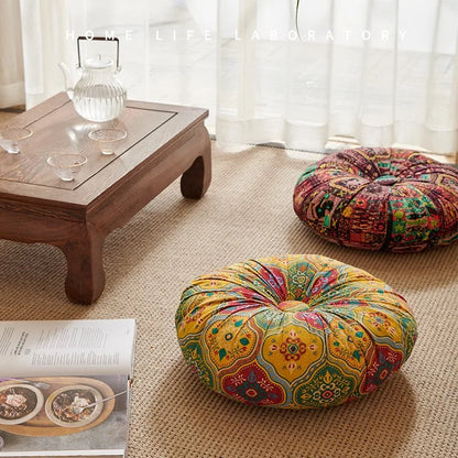 Retro Ethnic Round Floor Cushion – Colorful Cotton-Linen Pillow