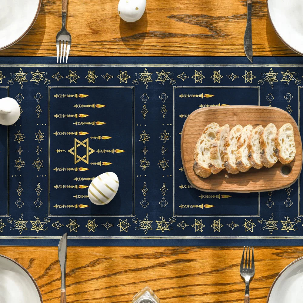 Hanukkah Menorah Hexagram Table Runner Wedding Decoration Cloth Dining Decor Coffee Table Runners Washable Dining Long Cloth