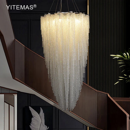 Large Tassel Chandelier – Elegant Silver Aluminum Chain Suspension Lamp