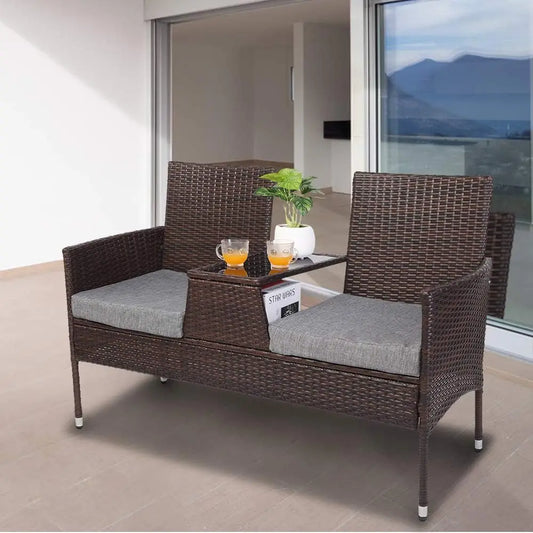 Wicker Outdoor Bench with Cushion and Storage Table