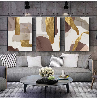 Luxe Abstract Marble Canvas Art – Brown & Gold Foil Modern Wall Decor