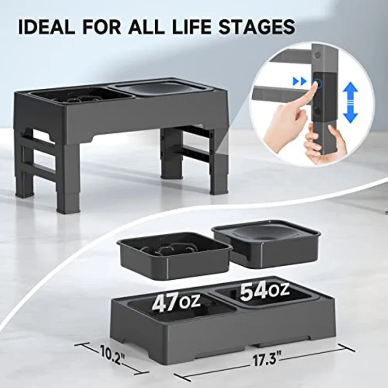 Elevated Dog Bowl with Adjustable Heights, Slow Feeder & No-Spill Design