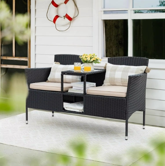 Relax in Style with the Outdoor Patio Loveseat – Wicker with Built-In Table & Cushions