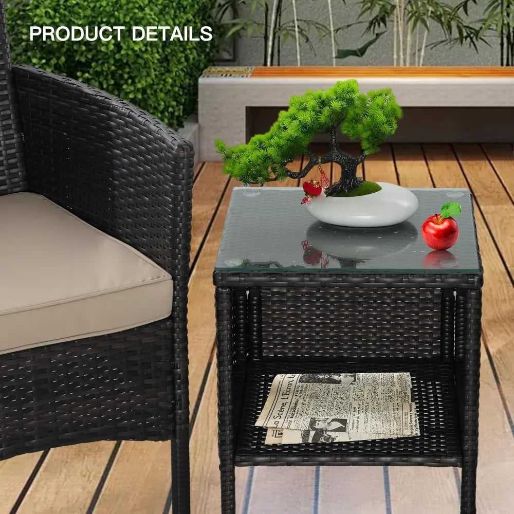 3-Piece Outdoor Patio Furniture Set with PE Rattan Chairs and Table