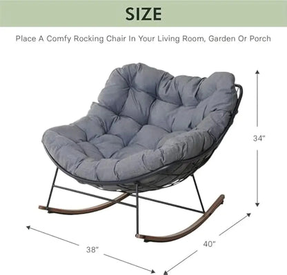 Outdoor Rocking Chair, E-coated Modern Cozy Lounge Rocker Chair with Cushion (Grey)