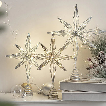 Christmas Tree Toppers Glitter Gold Star Tree Topper Lighted with Warm White LED Lights for Holiday Decoration Party Indoor Deco