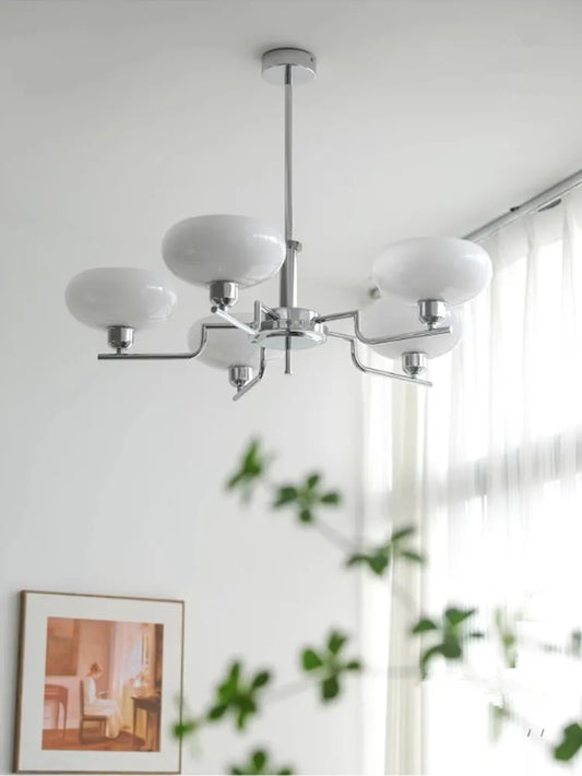 Bauhaus Chandelier - French Mid-Century Retro Lamp with Milky White Glass Shade