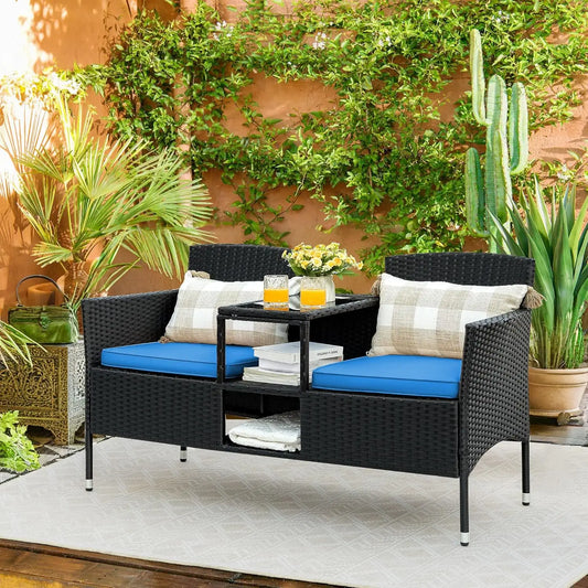 Relax in Style with the Outdoor Patio Loveseat – Wicker with Built-In Table & Cushions