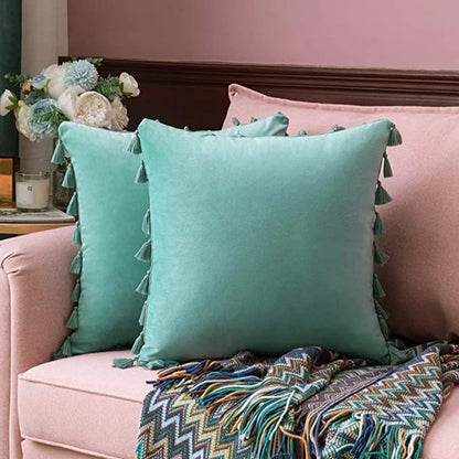 Velvet Decorative Pillow Cover with Boho Tassel Fringe – Soft & Stylish Cushion