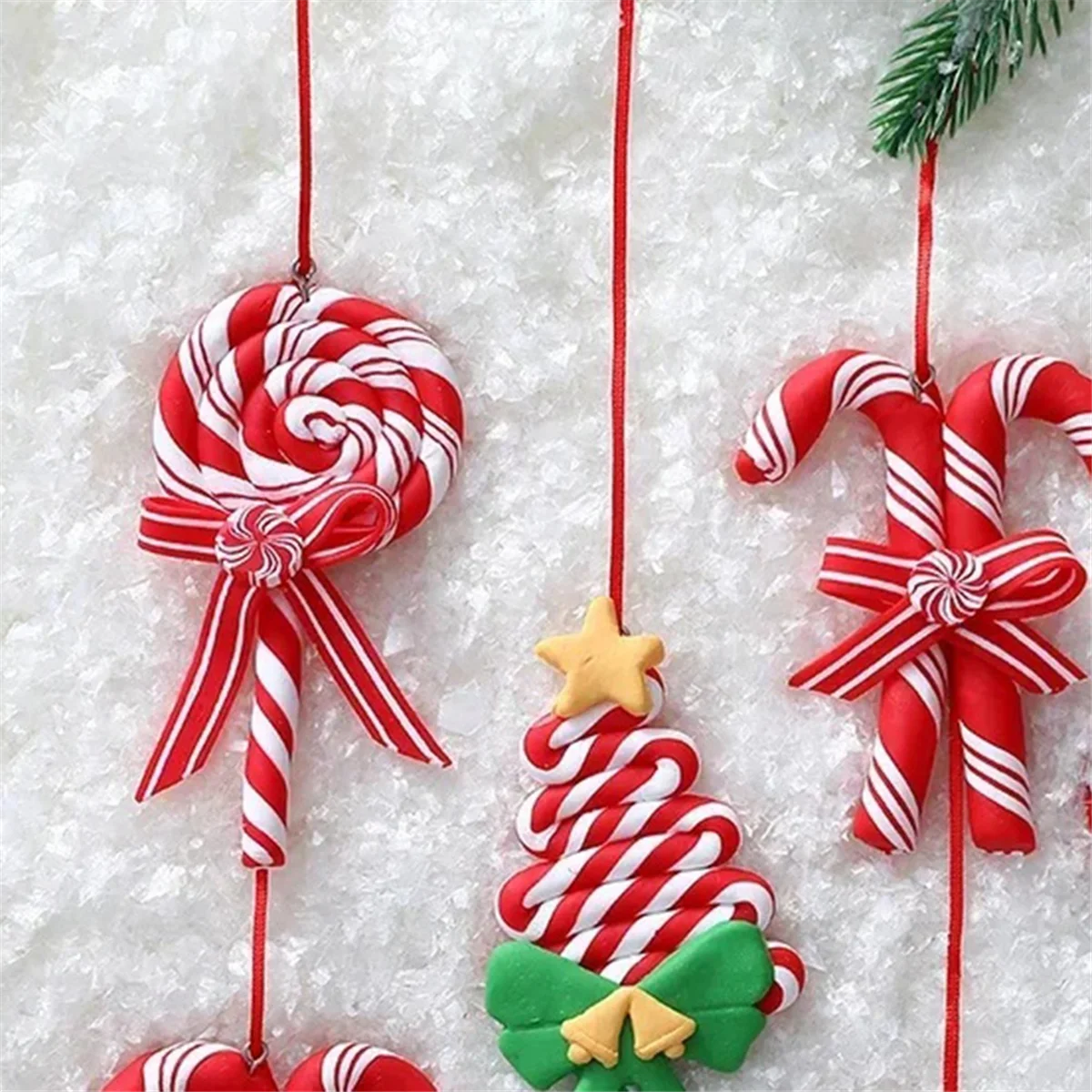 Christmas Tree Decoration Ornament Soft Clay Lollipop Red White Candy Cane Xmas Tree Pendant Christmas New Year Gift B