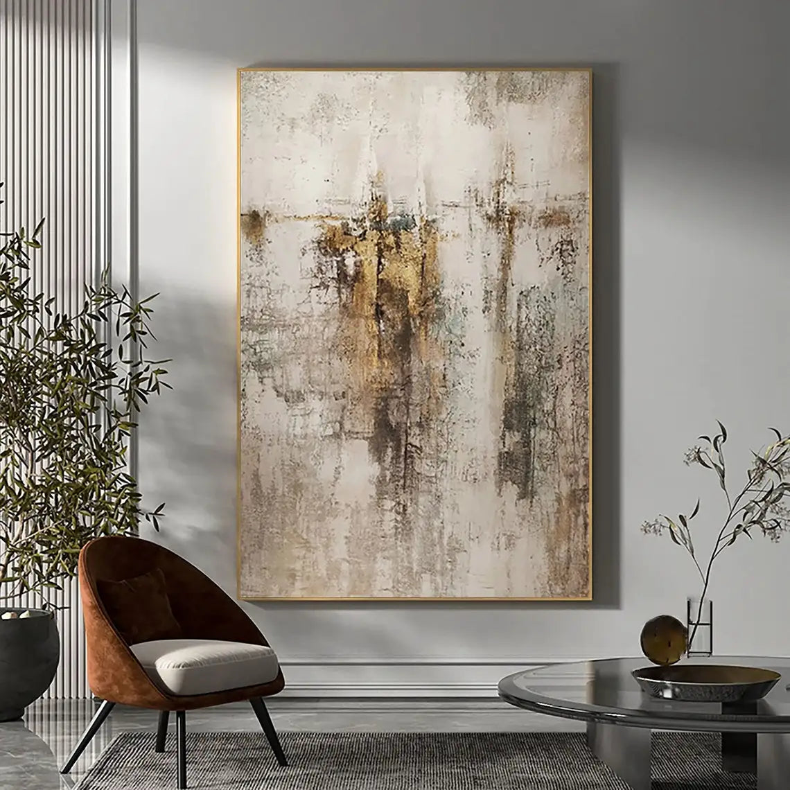 Large Handmade Beige & Gold Abstract Art Painting - Scandinavian Wall Decor