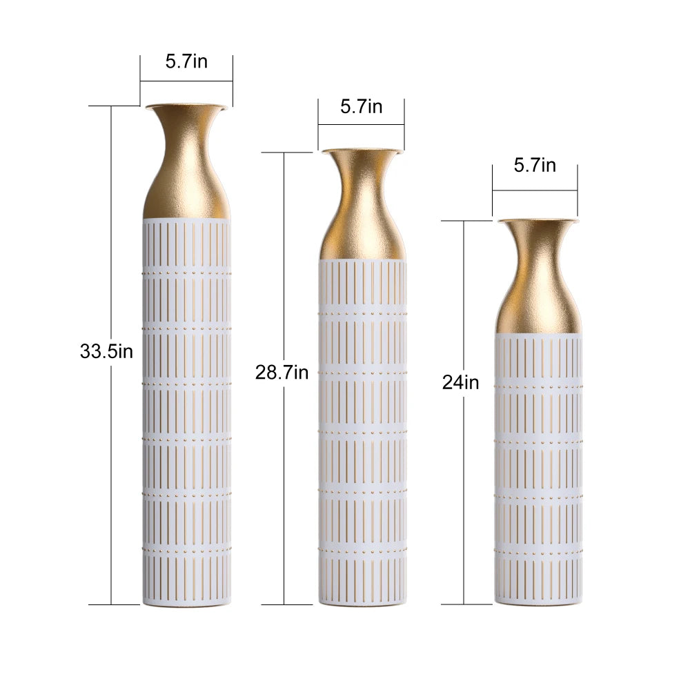 Elegant White & Gold Metal Floor Vase Set – A Luxe Statement for Your Home