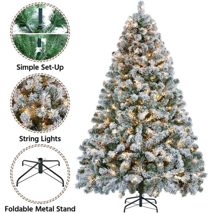 6ft Pre-Lit Snow Flocked Christmas Tree – Warm White Lights & Festive Glow