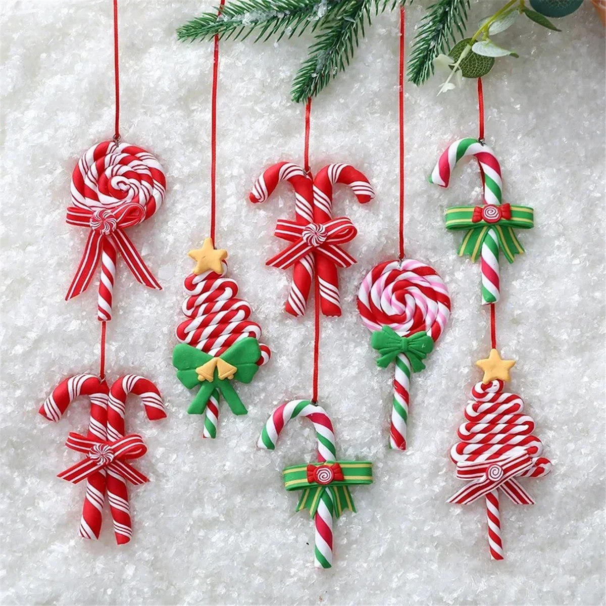 Christmas Tree Decoration Ornament Soft Clay Lollipop Red White Candy Cane Xmas Tree Pendant Christmas New Year Gift B