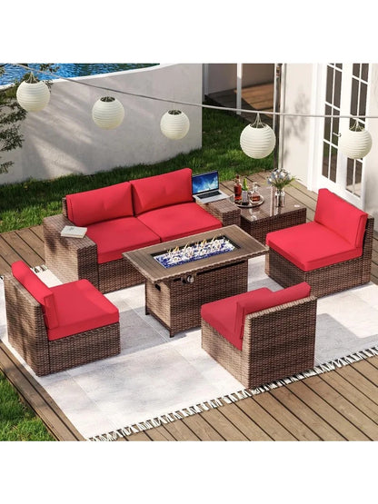 7-Piece Outdoor Wicker Patio Furniture Set with 44” Fire Pit Table